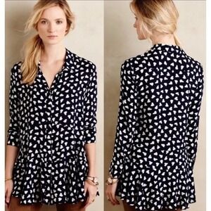11-1-Tylho Women's Navy Heart Print Chiffon Button Collared Tunic Blouse S